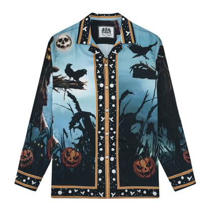 Halloween Scarecrow Long Sleeve Camp Collar Shirt