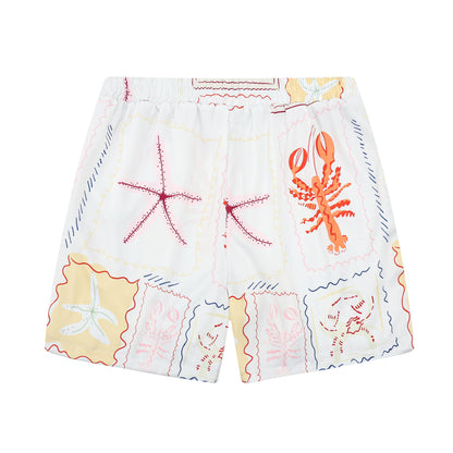 Aloha Style Lobster Pattern Silk Fiber Waistband Shorts