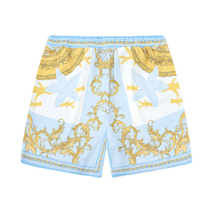 Baroque Floral Pattern Waistband Shorts in Blue