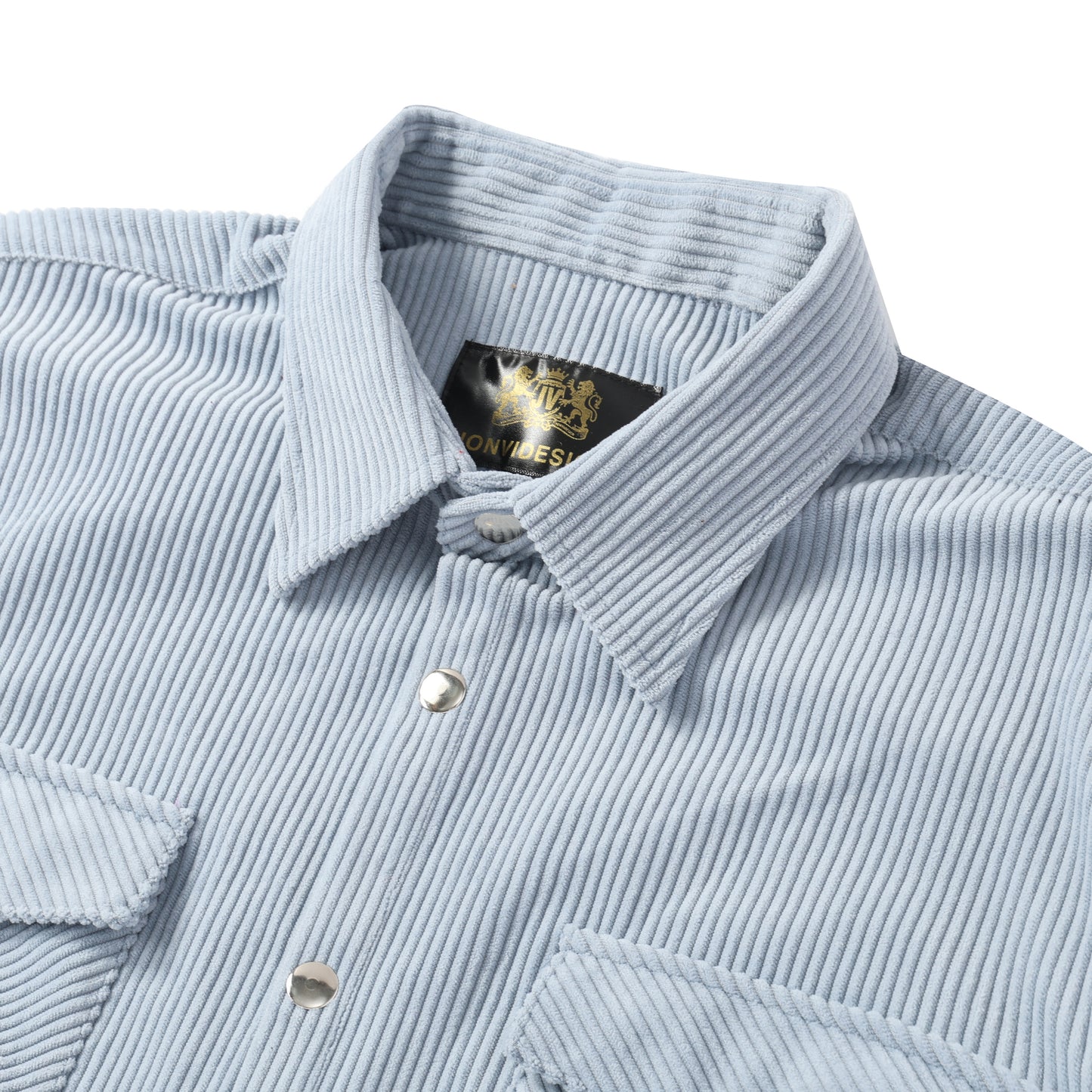 Corduroy Plain Color Snap Closure Long Sleeve Shirt-Light Blue