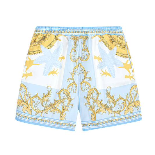 Baroque Floral Pattern Waistband Shorts in Blue