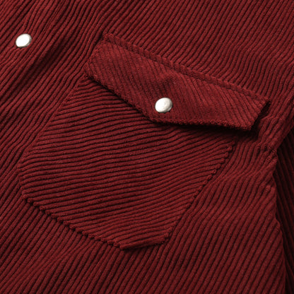 Corduroy Plain Color Snap Closure Long Sleeve Shirt-Burgundy