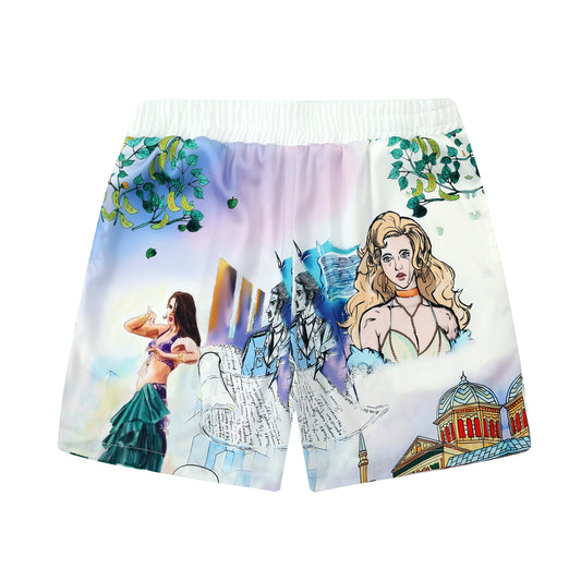Fiber Printed Silk Pattern Waistband Shorts