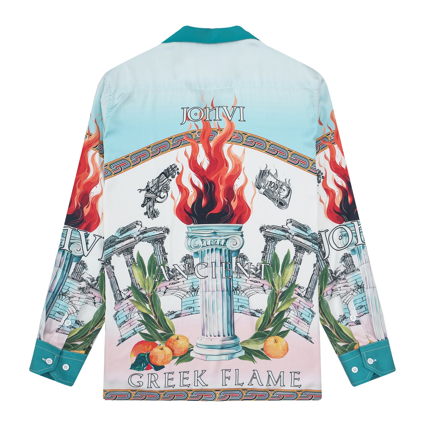 Greek Holy Fire Roman Column Print Long Sleeve Camp Collar Shirt