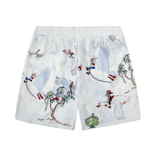 Red-crown Crane Pattern Silk Fiber Waistband Shorts