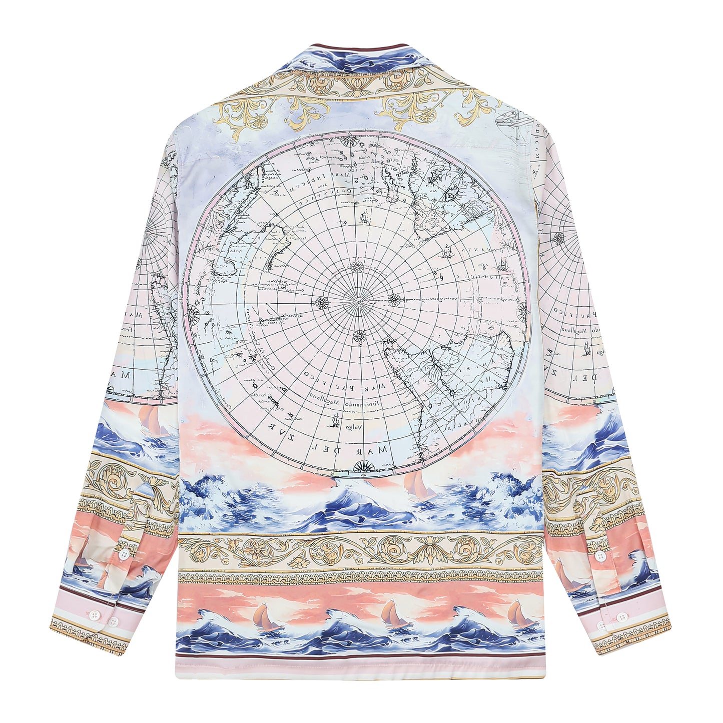 Baroque Globe Pattern Print Camp Collar Long Sleeve Shirt