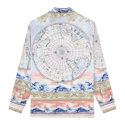 Baroque Globe Pattern Print Camp Collar Long Sleeve Shirt