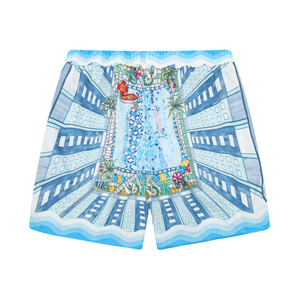 Resort Pool Print Elastic Waistband Summer Casual Shorts