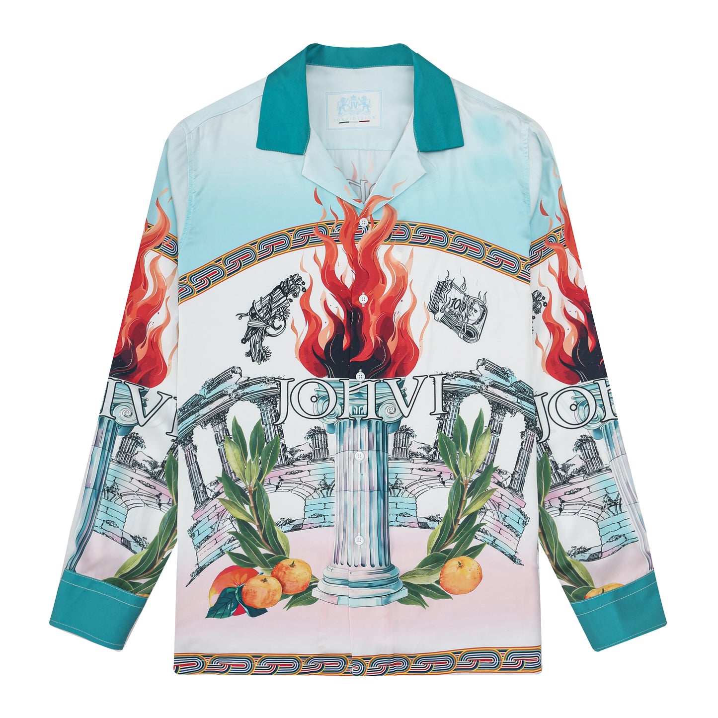 Greek Holy Fire Roman Column Print Long Sleeve Camp Collar Shirt