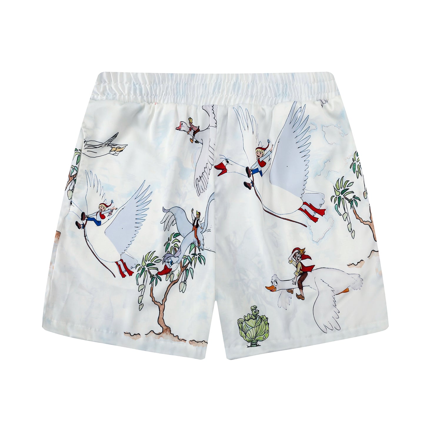 Red-crown Crane Pattern Silk Fiber Waistband Shorts