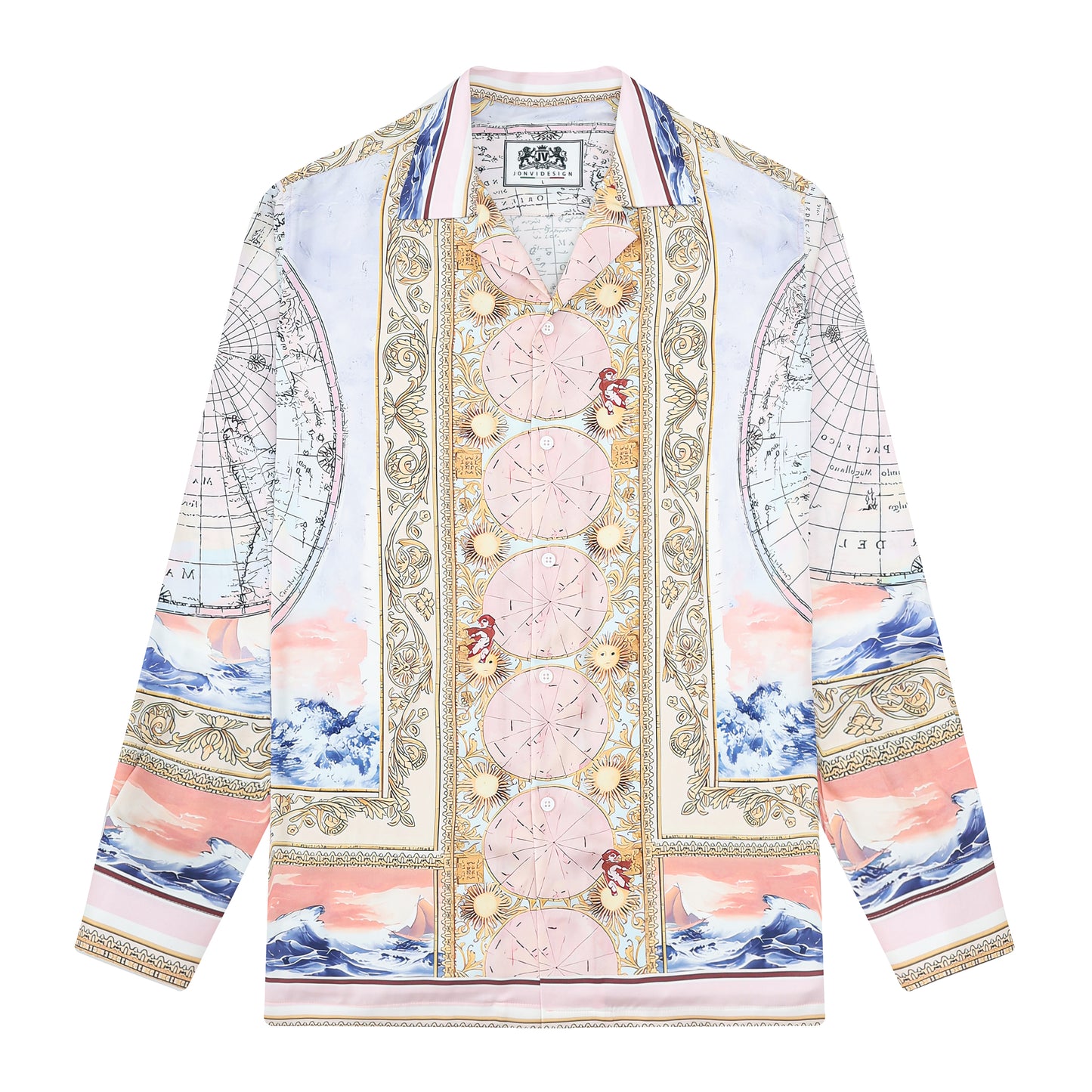 Baroque Globe Pattern Print Camp Collar Long Sleeve Shirt