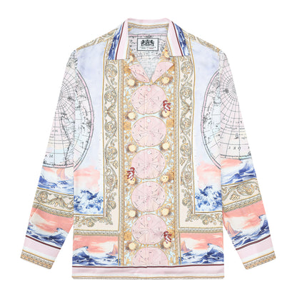 Baroque Globe Pattern Print Camp Collar Long Sleeve Shirt