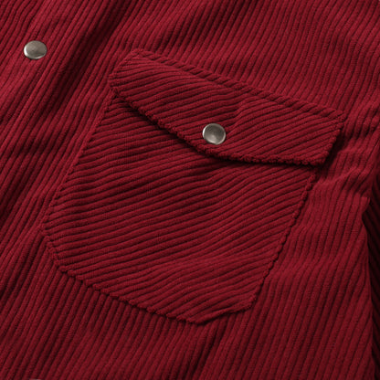Corduroy Plain Color Snap Closure Long Sleeve Shirt-Dark Red