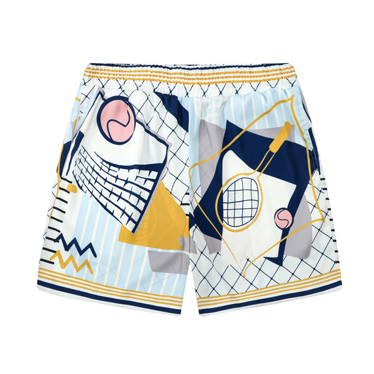 Tennis Court Pattern Silk Fiber Waistband Shorts