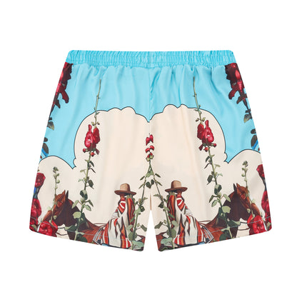 Horseback Riding Flower Print Elastic Waistband Summer Casual Shorts