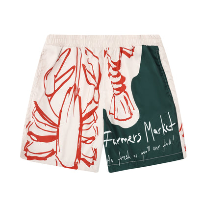 Forest Green Lobster Pattern Silk Fiber Waistband Shorts