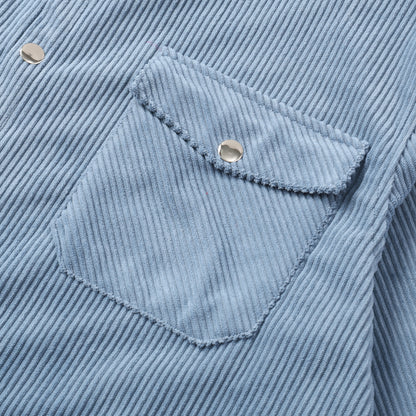 Corduroy Plain Color Snap Closure Long Sleeve Shirt-Serenity Blue