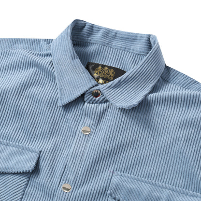 Corduroy Plain Color Snap Closure Long Sleeve Shirt-Serenity Blue