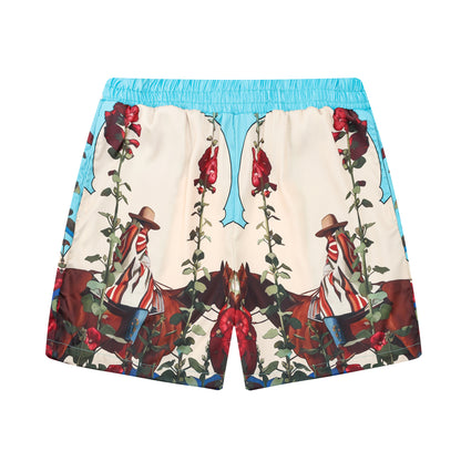 Horseback Riding Flower Print Elastic Waistband Summer Casual Shorts