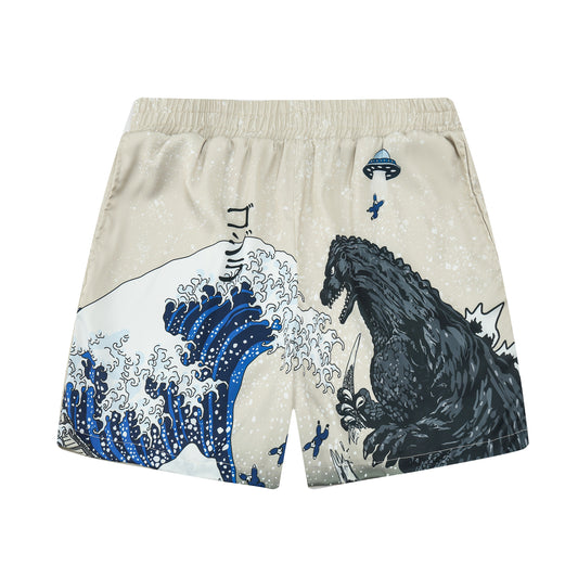 Godzilla Print Elastic Waistband Summer Casual Shorts