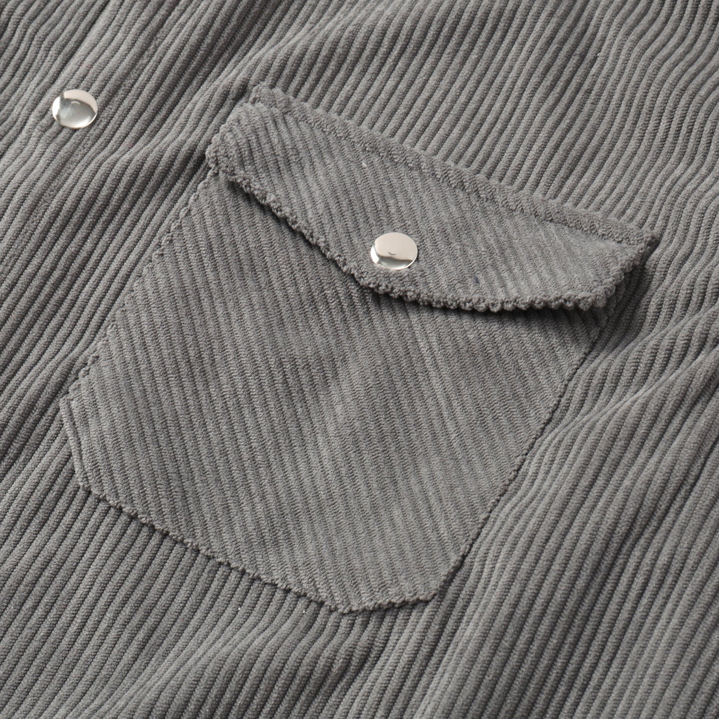 Corduroy Plain Color Snap Closure Long Sleeve Shirt-Grey