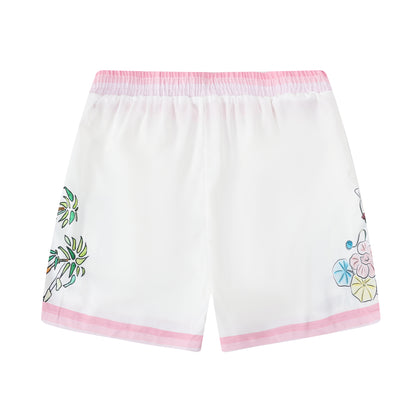 Tropical Tiki Statue Floral Pattern Waistband Shorts in Pink