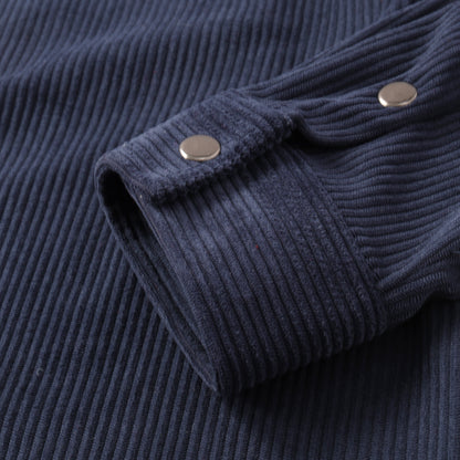 Corduroy Plain Color Snap Closure Long Sleeve Shirt-Navy Blue