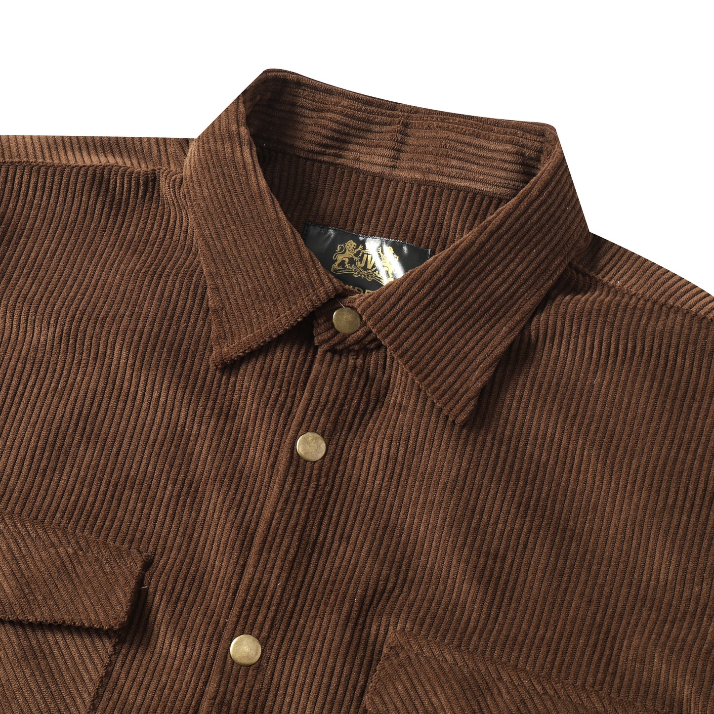 Corduroy Plain Color Snap Closure Long Sleeve Shirt-Brown