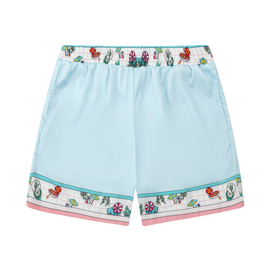 Light Blue Summer Beach Pattern Silk Fiber Waistband Shorts