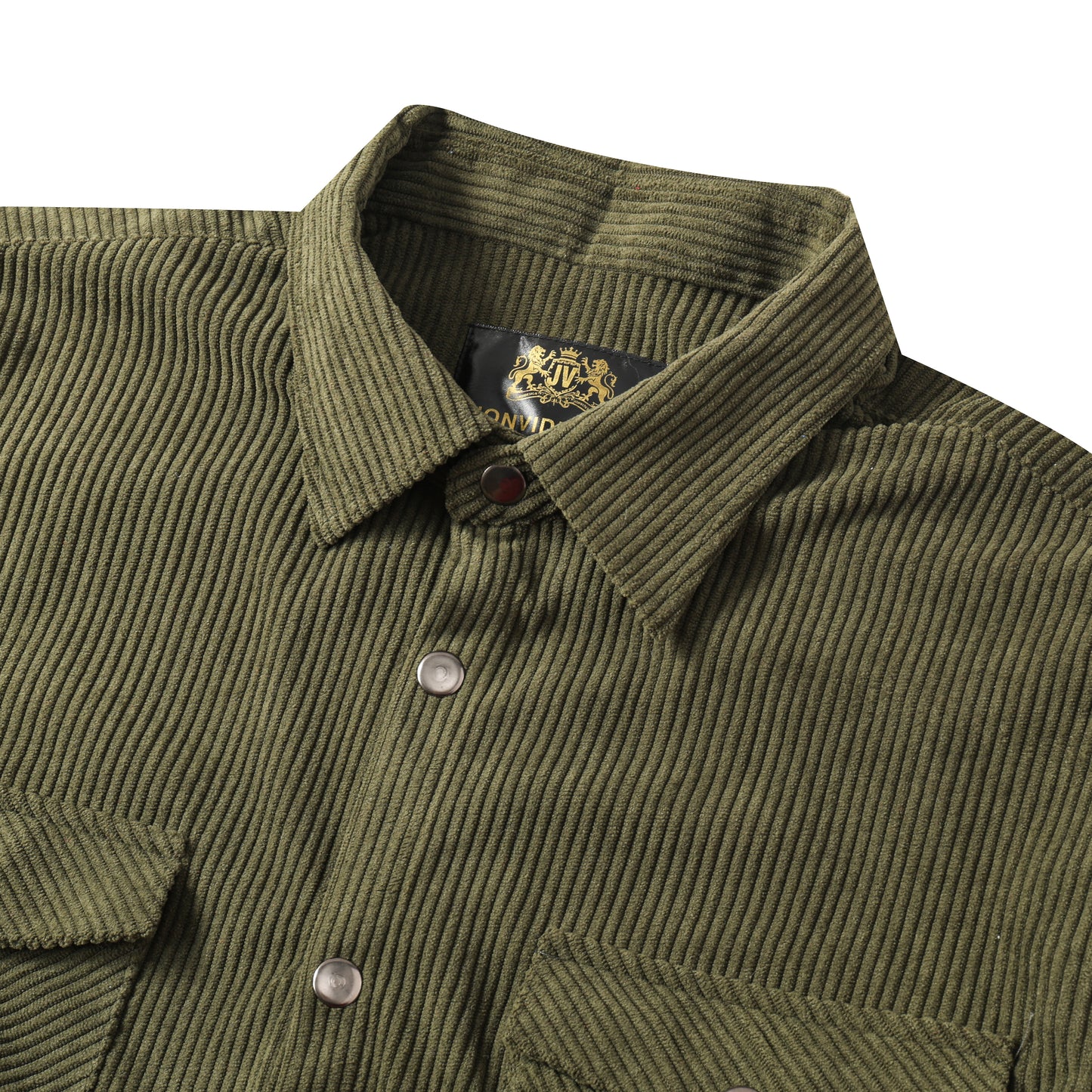 Corduroy Plain Color Snap Closure Long Sleeve Shirt-Olive Green