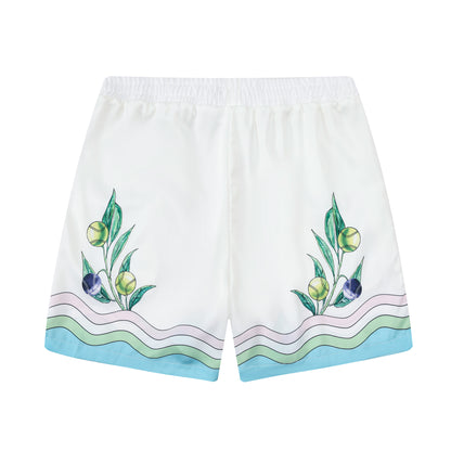 Tennis Plant Summer Pattern Silk Fiber Waistband Shorts