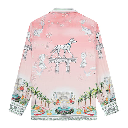 Retro Palace Spotted Dog Print Camp Collar Long Sleeve Shirt