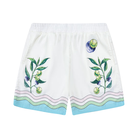 Tennis Plant Summer Pattern Silk Fiber Waistband Shorts