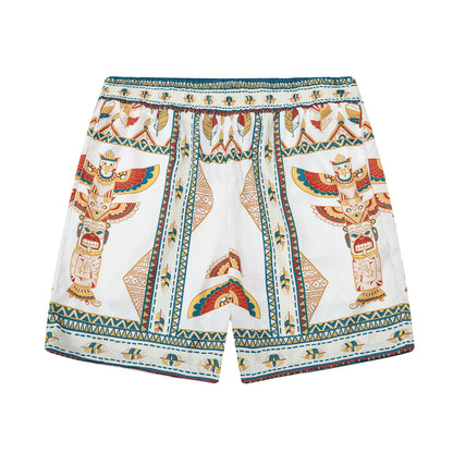 Egyptian Totem Pattern Silk Fiber Waistband Shorts