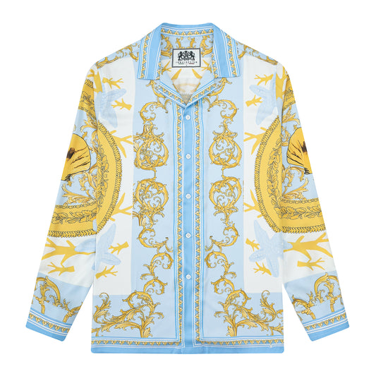 Baroque Floral Pattern Camp Collar Long Sleeve Shirt