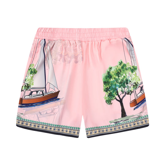 Pink Goddess Statue Pattern Elastic Waist Summer Casual Shorts