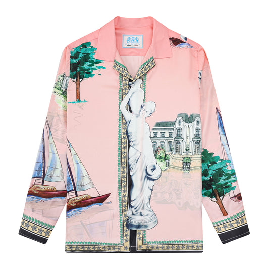 Pink Goddess Statue Pattern Camp Collar Long Sleeve Shirt