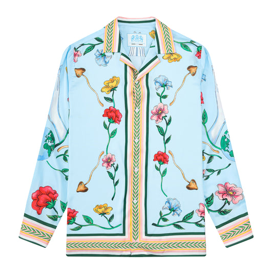 Natural Flower Pattern Camp Collar Long Sleeve Shirt in Blue