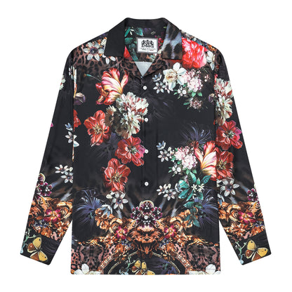 Leopard Printed Floral Camp Collar Long Sleeve Shirt