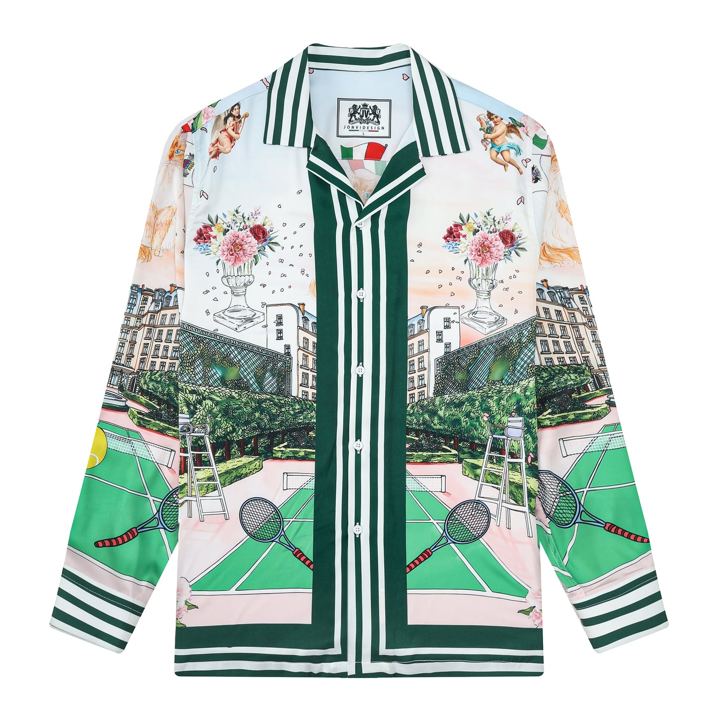 Tennis Court Cat Print Camp Collar Long Sleeve Shirt