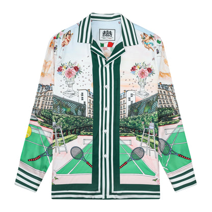 Tennis Court Cat Print Camp Collar Long Sleeve Shirt