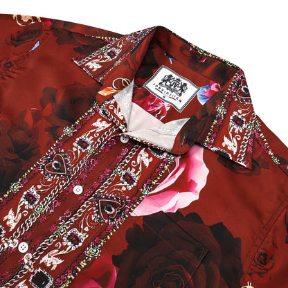 Red Rose Floral Silk Fiber Short Sleeve Casual Shirt