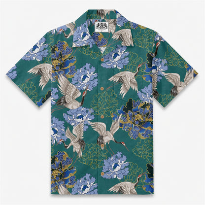 Crane Perched on Blue Peonies Camp Shirt