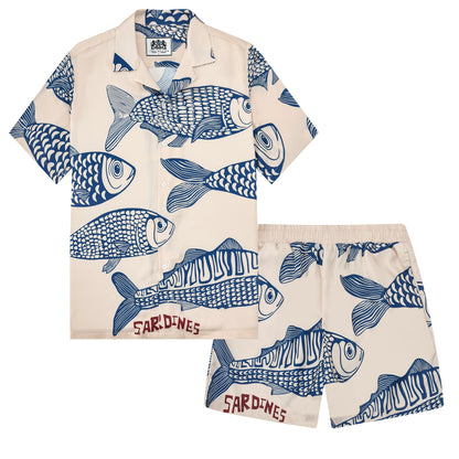 Vacation Wear Sardine Pattern Short Sleeve Camp Collar Shirt