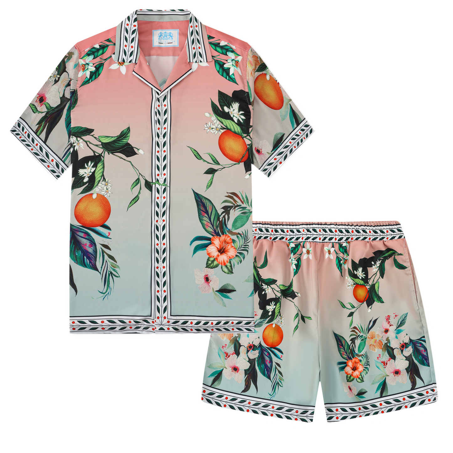 Orange Floral Pattern Short Sleeve Camp Collar Casual Shirt
