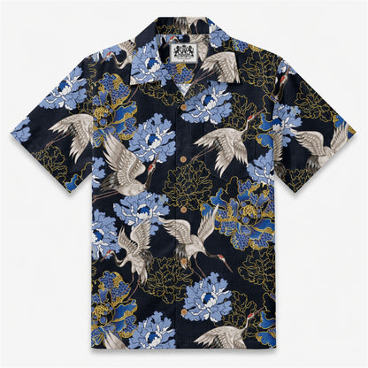 Crane Perched on Blue Peonies Camp Shirt