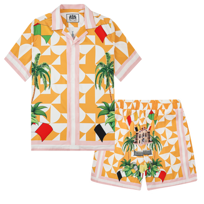 Retro Palace Tennis Coconut Tree Silk Fiber Short Sleeve Camp Collar Shirt