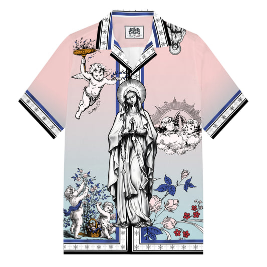 Virgin Statue Ancient Greek Cherub Print Camp Collar Short Sleeve Shirt