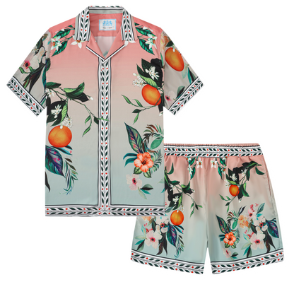Orange Floral Pattern Silk Fiber Waistband Shorts