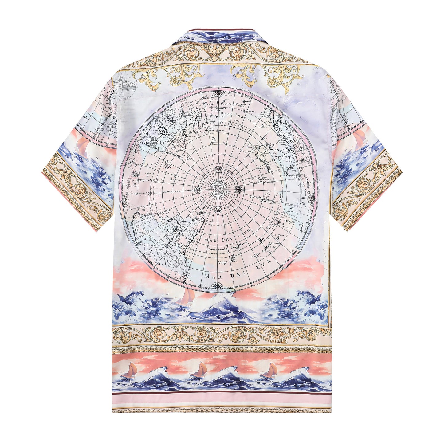 Baroque Globe Pattern Print Short Sleeve Camp Collar Shirt